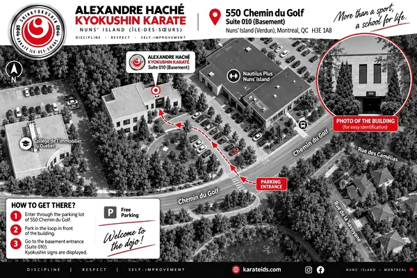 Access map, black and white — opens the full-colour version. Enter the 550 chemin du Golf parking lot, park in the loop in front of the building, then take the basement entrance, suite 010.