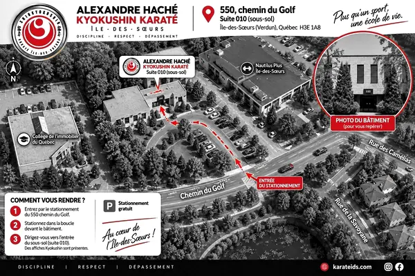 Plan d'accès, en noir et blanc — ouvre la version couleur en pleine résolution. Entrez par le stationnement du 550 chemin du Golf, stationnez dans la boucle devant le bâtiment, puis dirigez-vous vers l'entrée du sous-sol, suite 010.